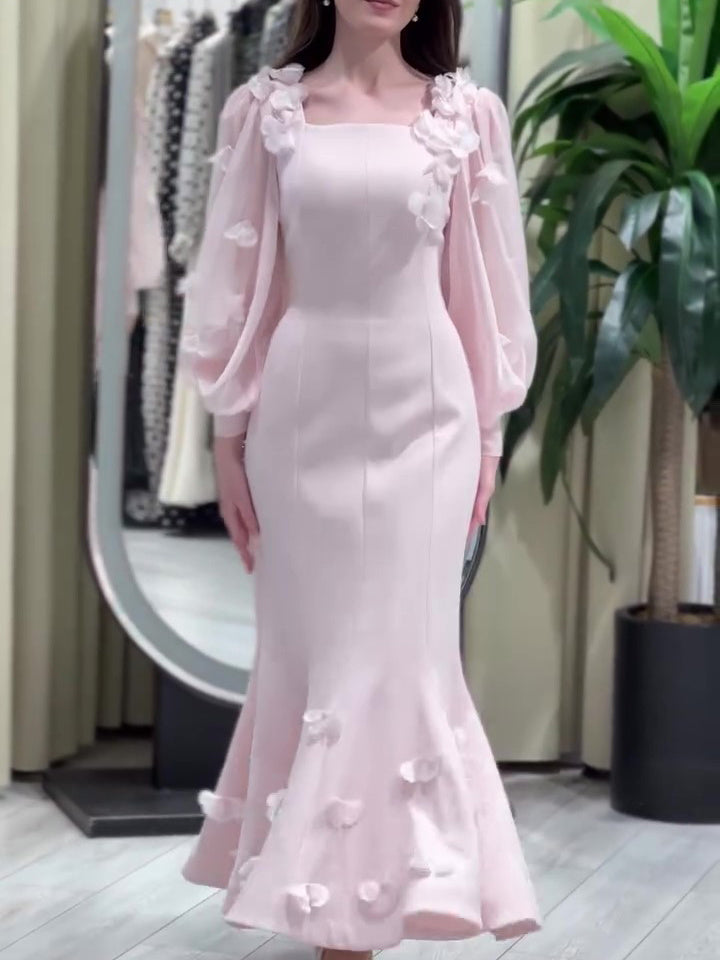 ✨ Robe Élégante à Manches Longues – Détails Floraux & Coupe Sirène ✨