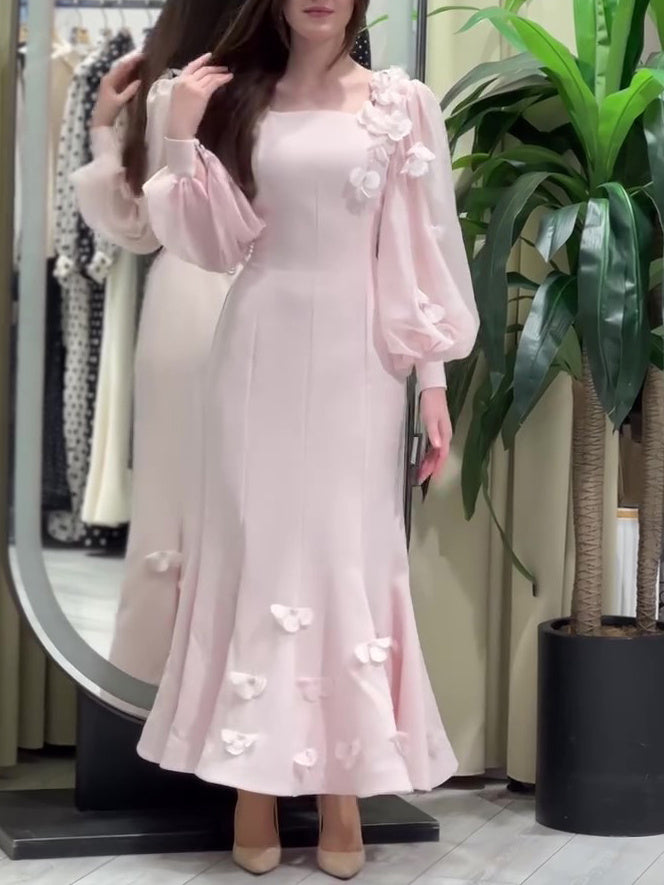 ✨ Robe Élégante à Manches Longues – Détails Floraux & Coupe Sirène ✨