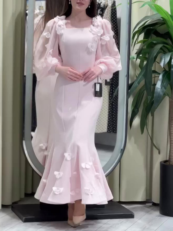 ✨ Robe Élégante à Manches Longues – Détails Floraux & Coupe Sirène ✨