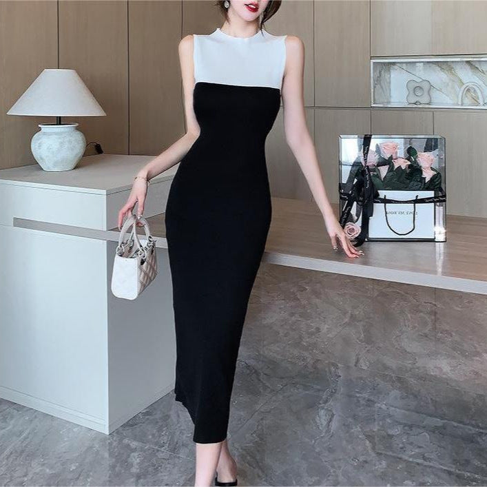 ⭐ Robe Sans Manches Élégante – Patchwork Noir & Blanc, Taille Haute ⭐