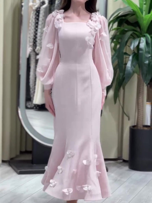 ✨ Robe Élégante à Manches Longues – Détails Floraux & Coupe Sirène ✨