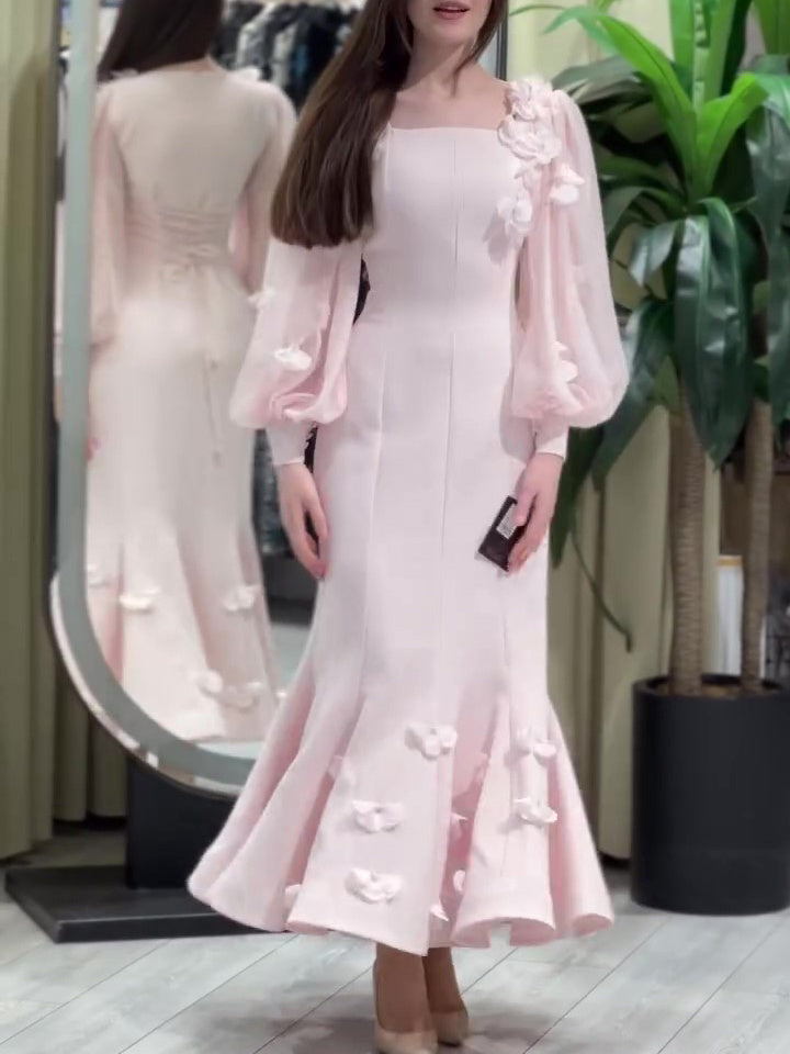 ✨ Robe Élégante à Manches Longues – Détails Floraux & Coupe Sirène ✨